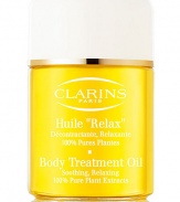 Relax Body Treatment Oil. This aromatic body treatment is ideal for enhancing relaxation and promoting total well-being. Its concentrated formula contains 100% natural extracts and oils to help combat stress and fatigue and relieve tension. Moisturizes skin, leaving it soft and smooth. Imported from France. 3.4 oz. 