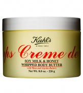 Luxuriously Whipped. Sinfully Addictive. New! Kiehl's Crème de Corps Soy Milk & Honey Whipped Body Butter. This rich, all over body moisturizer delivers deep, 24-hour hydration with an amazingly addictive whipped soy milk and honey scent. 8 oz. 