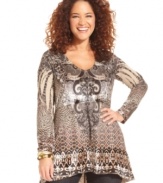 Link up your leggings with One World's long sleeve plus size tunic top, broadcasting a sublimated print.