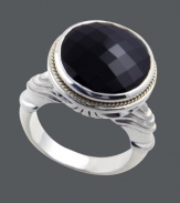 Decorate your digits with a pop of color in bold, black hues. Effy Collection ring features an oval-cut onyx (11-3/4 ct. t.w.) in an intricate sterling silver and 18k gold setting.