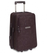 Put your signature on travel! An elegant design showcases a classic pirouette pattern that opens to reveal a coordinating amethyst lining, which features two separate packing areas, an expandable lid and attractive ruffle accenting. Your wardrobe takes front seat in this fully-stocked case with padded garment straps for wrinkle-free travel, a slipper satchel for keeping tabs on shoes and two hideaway zip compartments for small accessories.