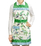 Only the best for your nest! Set a style standard for your space with this feminine apron. A whimsical bird print with a contrasting cross-hatch design and ruffled edge adds a vintage touch to your kitchen.