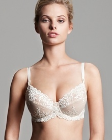 The Wacoal Embrace Lace underwire bra is made of semi-sheer microfiber with stunning embroidered details. Boasts unlined, seamed underwire cups for a shapely, supportive fit. Average fit with side support slings to give fuller figured women a little extra support. Coordinating Embrace Lace boy shorts available. Style #65191