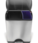 Environmentally sound. Exceptionally stylish. This stainless steel trash can from simplehuman utilizes a smart two bucket design, hiding two color-coded bins underneath its quiet-close lid to help you sort trash and recyclables with ease. 10-year warranty.