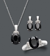 Black onyx makes a statement of bold sophistication. This classic jewelry set features oval-cut faceted onyx (7-5/8 mm) with sparkling diamond accents at the crown. Set includes: stud earrings, pendant, and ring. Crafted in sterling silver. Approximate necklace length: 18 inches. Approximate necklace drop: 3/4 inch. Approximate earring diameter: 3/4 inch. Ring size 7.