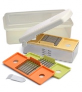 Say goodbye to unsafe blades and messy, time-consuming chopping. This amazing tool lets you chop, dice and slice in one swift motion! Simply press down on the lid and the built-in blades do all the rest, sending perfectly prepped fruits and veggies into the plastic storage container below. Lifetime warranty.