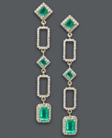 Shapely sparkle, perfect for your next soiree! Effy Collection's unique drop earrings feature long, dangling shapes that shine with the addition of emerald and princess-cut emerald gemstones (1-3/4 ct. t.w.) and round-cut diamonds. Crafted in 14k gold. Approximate drop: 2 inches.