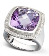 Add a little life to your look with stunning gemstones from Brasil. This cushion-cut ring highlights a luminous amethyst (9-1/2 ct. t.w.) surrounded by a ring of round-cut diamonds (1/10 ct. t.w.). Set in sterling silver. Size 7.