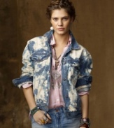 Capturing a spirit of adventure inspired by years on the open road, a distressed and abraded denim jacket is finished with a unique bleach-out pattern for a modern twist on a well-worn favorite from Denim & Supply Ralph Lauren.