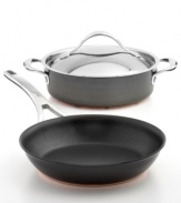 Featuring a double full-cap base, this skillet and sauteuse duo features a full layer of copper sandwiched by two layers of hard-anodized aluminum and protected by an impact-bonded magnetic stainless steel cap. The straight, deep sides of the sauteuse provide extra capacity for searing, braising, stewing and deglazing, while the 10 skillet is the perfect size for an array of cooking tasks, like sauteing, frying and more. Lifetime warranty.