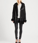 Soft, aviator-inspired leather jacket, defined by plush shearling, contrast trim and a length that hits below the hips.