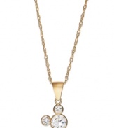 The magic of Disney. This sparkling children's pendant features three round-cut cubic zirconias (1/3 ct. t.w.) in the iconic shape of Mickey Mouse. Set in 14k gold. Approximate length: 15 inches. Approximate drop: 3/5 inch.