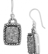 Genevieve & Grace know glam. These sparkling earrings combine emerald-cut silver druzy with glittering marcasite edges. Set in sterling silver. Approximate drop length: 1-3/16 inches. Approximate drop width: 9/16 inch.