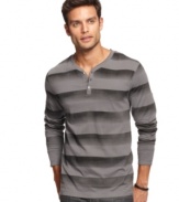 Marc Ecko Cut & Sew shows this henley the street via air brush-effect stripes on a sidewalk-gray ground.