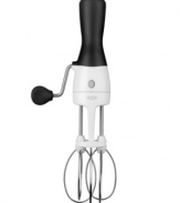 Whip your kitchen into shape! Chefs love the handheld convenience and incredible versatility of this manual tool. The durable beaters provide a stable rest on the bottom of the bowl for an easy, high-powered approach to a better mix. The bottom half snaps off for easy clean-up in the dishwasher and each individual beater detaches with a quick snap for easy tasting!