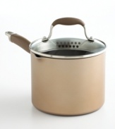 Outfitted with an innovative straining lid, Anolon's bronze-hued, hard-anodized saucepan is designed for hassle-free performance and beautiful stovetop presence. Along with an exclusive nonstick coating, it creates the perfect environment for great cooking and easy cleaning. Limited lifetime warranty.