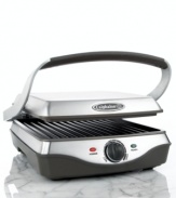 Get your grill on and have a cookout in the comfort of your kitchen. From juicy burgers to the perfect pressed panini, every dish is delicious when grilled between the even heating, nonstick plates of this Calphalon grill and panini press. One-year warranty. Model 1759546.