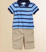 The adorably preppy set pairs a classic striped cotton mesh polo with a belted chino pant for a collegiate-inspired ensemble. Shirt Twill pointed collarShort sleeves with ribbed armbandsFront buttonsEven-vented hem Pants Front buttonFaux flyElastic waistband with belt loops and grosgrain beltAngled front pocketsButtoned-flap back patch pocketsCottonMachine washImported Please note: Number of buttons may vary depending on size ordered.