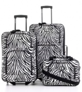 Go wild. Take control. This safari-style luggage set stands out in zebra stripes, mixing in handy travel features -- like expandability options on both uprights -- to carry you effortlessly to your next destination. Five-year warranty.