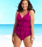 Charming tiers create a flirty and flattering look on this plus size tummy control two-piece set from Fit 4 U!.