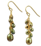 Light up the night, or day! Shimmery green cultured freshwater pearls (5-9 mm) and glittering pyrite beads (2-1/3 ct. t.w.) create a chic statement on these cluster earrings. Set in 18k gold over sterling silver. Approximate drop: 1-1/4 inches.