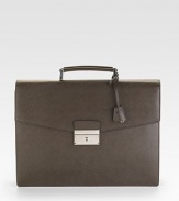 Saffiano leather double-gusset briefcase. Top handle Front push-lock closure with key lock Leather 14½W X 11H X 2½D Made in Italy 