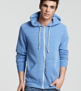 Regular-fit long-sleeve zip hoodie with kangaroo front pocket, natural color zipper tape, nickel zipper and shoestring drawstring.