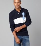 Tommy Hilfiger gives a sporty look a bit of prepster style with a colorblocked and argyle pairing