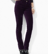 Designed in stretch velveteen for comfort and a flattering fit, Lauren Jeans Co.'s modern petite jean is designed in a sleek silhouette with a chic straight leg.