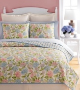 Fancy florals. Martha Stewart Collection's Hydrangea sham features blooming flowers in an array of pink, purple and blue hues for a look full of nature-inspired charm. Finished with allover quilting details for plush texture. Reverses to a stripe pattern.