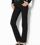 Lauren by Ralph Lauren Caitlin bi-stretch twill pants. Substantial cotton twill and a straight leg lend easy refinement to a classic pant. Designed with a hint of stretch for a sleek, tailored silhouette. Standard-rise belted waist, zip fly with signature button closure. Welt pockets at the hips and single welt pocket at the back. 29 inseam.