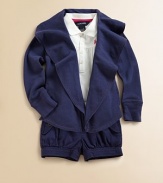 This stylish cardigan is crafted in luxuriously plush cotton with a girlie ruffle collar and open front.Draped ruffle collarLong sleeves with ribbed cuffsOpen silhouetteInside seam pocketsGathered back waistCottonMachine washImported Please note: Number of buttons may vary depending on size ordered. 