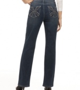 Style&co. best-loved bootcut jeans get glammed up with glittering embroidery and rich blue wash!