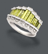 Make onlookers green with envy every time you wear this vibrant ring. Crafted in shining sterling silver, this bright bauble features rectangular peridot stones (3 ct. t.w.) with sparkling diamond accents. Size 7.