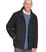 Simple style for cold weather comes in this zip-front wool coat from Perry Ellis.