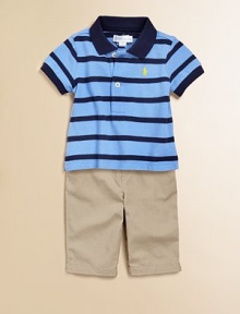 The adorably preppy set pairs a classic striped cotton mesh polo with a belted chino pant for a collegiate-inspired ensemble. Shirt Twill pointed collarShort sleeves with ribbed armbandsFront buttonsEven-vented hem Pants Front buttonFaux flyElastic waistband with belt loops and grosgrain beltAngled front pocketsButtoned-flap back patch pocketsCottonMachine washImported Please note: Number of buttons may vary depending on size ordered.