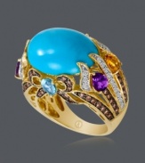 Enhance your look with an exotic ring from CARLO VIANI®. Features a bold turquoise stone (10 mm) surrounded by white diamonds (1/3 ct. t.w.), natural brown diamonds (3/4 ct. t.w.), blue topaz (7/8 ct. t.w.), citrine (5/8 ct. t.w.), and amethyst (1/2 ct. t.w.). Set in 14k gold. Size 7.