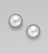 From the Luna Collection. A smooth, round pearl with a sterling silver bead border.8mm pearl Sterling silver Diameter, about ½ Post backs Imported 