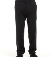 Lightweight stretch, basic wool pants. Flat front straight leg style with zip fly, tab closure. Side slit pockets and back welt pockets. Unlined.