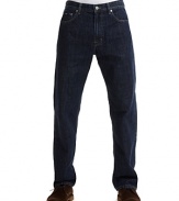 Straight leg jeans with higher rise and a comfortable fit through thigh with 17.25 leg opening. 12 oz denim in dark rinse wash. Zip fly, button closure.