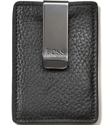 Pebbled leather credit card hold with embossed moneyclip.