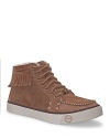 Soft suede and back fringe make a moccasin out of the classic basketball shoe silhouette. By UGG® Australia.