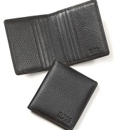 From BOSS Black, the slim pebbled leather bifold wallet, outfitted with six card slots and one bill slot.