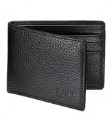 Pebbled leather billfold with two sections and six credit card slots. Logo stamped on front.