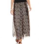 This flowing maxi skirt from Grace Elements features a sheer animal-print overlay and a wide elastic waistband that's worth showing off with a tucked in top!