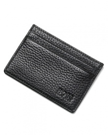 Soft, pebbled leather card case. Signature logo stamped on front.