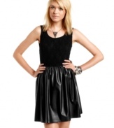 Rock the season's biker-tough trend! BeBop's classic, a-line dress is made modern by a faux-leather skirt.