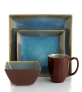 Earthy hues of amber, sienna and jade become otherworldly with reactive glaze. This intense color, coupled with sharp square shapes, produces 4-piece place settings with stunning beauty and contemporary flair. From The Cellar's collection of dinnerware and dishes.