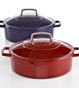 Your go-to for getting it done right in the kitchen, this versatile braiser is perfect for baking casseroles, browning meats and locking in tender, succulent flavors guests will go wild over. The heavy-duty construction distributes heat evenly, locking moisture in to slow-cooked stews and braised roasts. From prep to presentation, this attractive enameled cast iron pot goes with ease, featuring generously sized handles for a secure, confident grip. Lifetime warranty.