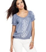 Chic chambray and crafted embroidery create a fashionable yet relaxed look on Style&co.'s peasant top. Wear it with white capris and your favorite sandals!